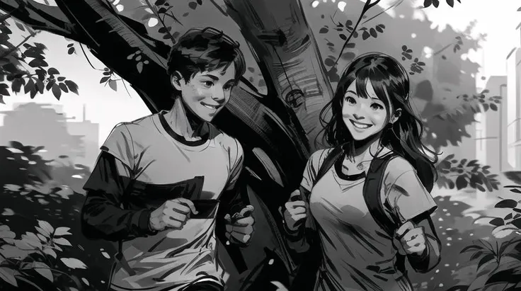 storyboard art,(black and white:1.2),front view,(1boy,1girl),jogging in park with lush greenery,tree blurry background,depth of field,smile,
<lora:dan_milligan:0.6>,