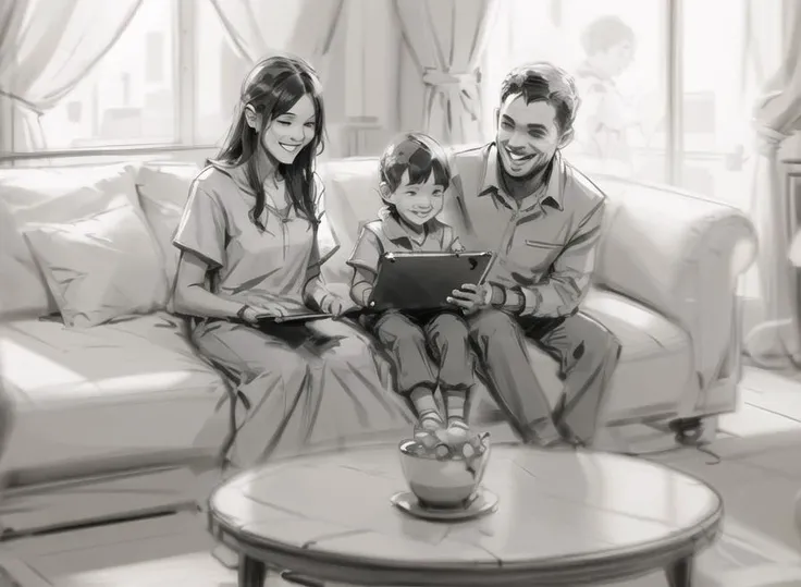 storyboard art,(black and white:1.2),wide shot of living room,(parent and child,little boy smile, playing tablet on sofa livingroom),side lighting,curtain,happy,smile,warm,
<lora:dan_milligan:0.6>,