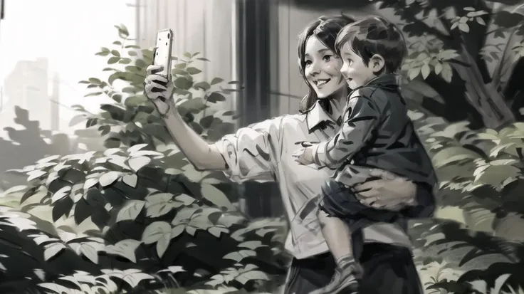 storyboard art,black and white,side view,mom carry her Child taking selfie at garden,<lora:dan_milligan:0.7>,cute,happy,outdoor,tree,sunshine,sky,scloud,