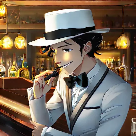 anime, realistic, masterpiece, best quality, a handsome young man wearing a white fedora and a black bow tie, sitting at the counter of a bar, smoking a pipe, smile, looking at viewer, official art, beautiful symmetric face, beautiful eyes, alone, solo, 8k, professional illustration