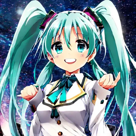 anime, realistic, masterpiece, best quality, Miku Hatsune, wearing a white uniform, singing on a stage at a concert, twintails, smile, looking at viewer, official art, beautiful symmetric face, beautiful eyes, alone, solo, 8k