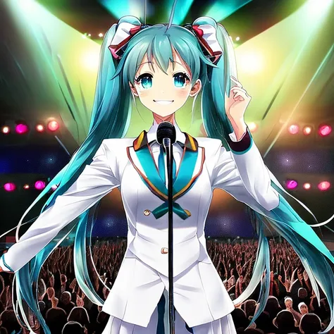 anime, realistic, masterpiece, best quality, Miku Hatsune, wearing a white uniform, singing on a stage at a concert, twintails, smile, looking at viewer, official art, beautiful symmetric face, beautiful eyes, alone, solo, 8k, professional illustration