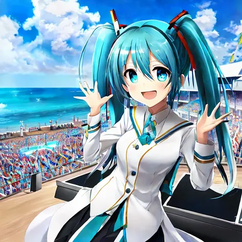 anime, realistic, masterpiece, best quality, Miku Hatsune, wearing a white uniform, singing on a stage at a concert, twintails, smile, looking at viewer, official art, beautiful symmetric face, beautiful eyes, bob cut, messy hair, at a beach on a summer day, alone, solo, 8k, 3d, cg