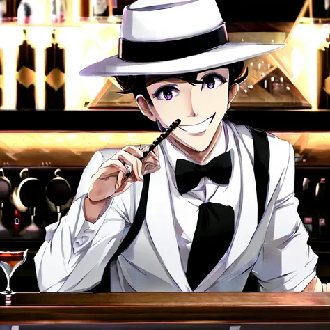 anime, realistic, masterpiece, best quality, a handsome young man wearing a white fedora and a black bow tie, sitting at the counter of a bar, smoking a pipe, smile, looking at viewer, official art, beautiful symmetric face, beautiful eyes, alone, solo, 8k, professional illustration