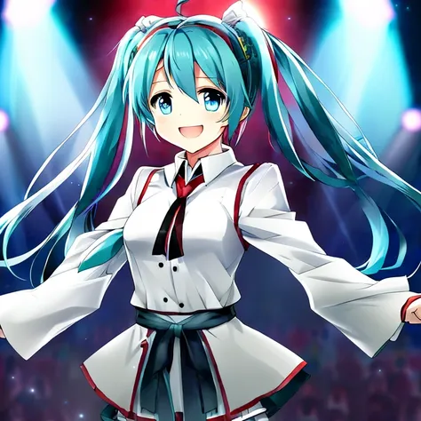 anime, realistic, masterpiece, best quality, Miku Hatsune, wearing a white uniform, singing on a stage at a concert, twintails, smile, looking at viewer, official art, beautiful symmetric face, beautiful eyes, alone, solo, 8k