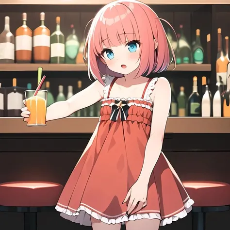 <lora:FutariGotoh-05:1>, (extremely detailed:1.3),(highly detailed:1.2),(best quality:1.2),(masterpiece:1.2), flat chest, FutariGotoh, 1girl, solo, short hair, blue eyes, dress, bow, pink hair, (two side up), red dress, formal, bar, holding cup, orange juice, <lyco:GoodHands-beta2 (1):1.0>, nice hands, perfect hands