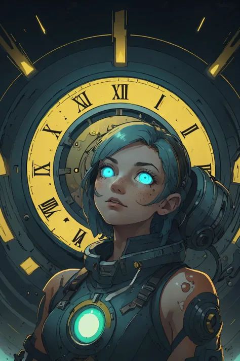 masterpiece, best quality, <lora:stylesqueeze_v2:0.5>,
1 girl, adult (elven:0.7) woman, freckles, blue eyes, yellow wedge cut hair,
solo, half shot, looking down, detailed background, detailed face, (<lora:ToxicPunkAI:0.6>, ToxicPunkAI theme:1.1) glowing eyes, (master of time :1.1), eternity, weightless, circular patterns, clock, light aura, cosmic space in background, epic atmosphere,