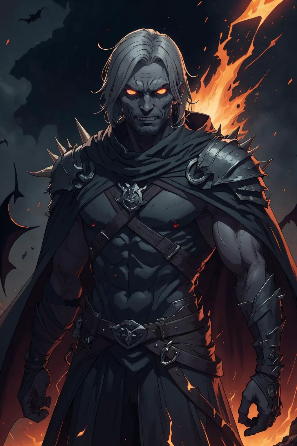 masterpiece, best quality, <lora:stylesqueeze_v2:0.5>,
(1man, muscular adult male:1.2), jade eyes, silver hair, scissor cut,
portrait, solo, (full body:0.6), detailed background, detailed face, (<lora:MagmaTech:0.5>, lava, MagmaTech theme:1.1), (glowing eyes:1.05), evil smile, dark death knight, vampiric, gray clothes, tattered armor, cape, evil royal spiked crown, bats in background, dungeon in background, dark sinister atmosphere,
<lora:grullborgCopycat_grullborgStyleR8V4:0.3>,