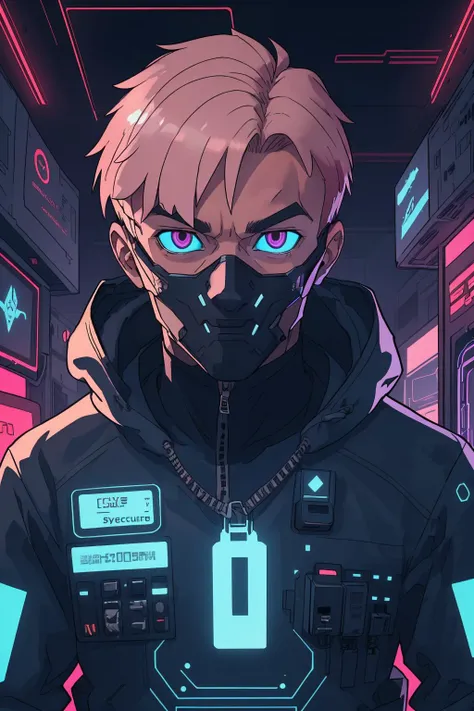 masterpiece, best quality, <lora:stylesqueeze_v2:0.5>,
(1man, masculine adult  male:1.2),  pink eyes, dark blonde hair, side-swept fringe,
 looking at viewer, solo, half shot, detailed background, detailed face, (tron theme:1.1) evil high-tech futuristic hacker,  advanced technology,  techwear, wearable device, keycard, electronics, head-up display, blue (holographic display:1.05), access denied, numbers, computer, cybersecurity, hacker van in background,  espionage, dark sinister atmosphere, shadows,