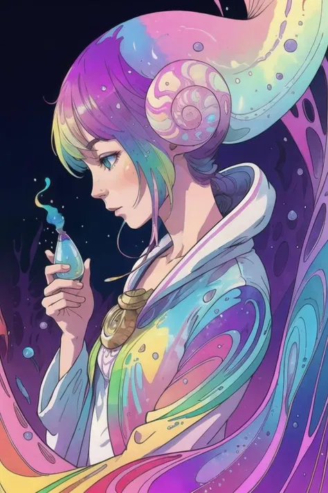 art by Moebius, art by Carne Griffiths, art by nature photography
a snail girl, pearlescent rainbow coloring, magic potion