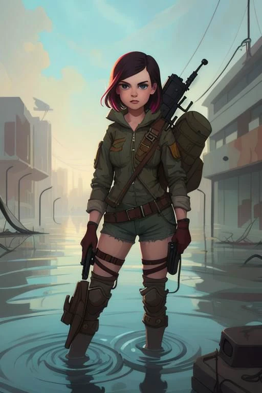 art by daniela uhlig, art by bob byerson, masterpiece, best quality, 1girl, in a flooded ruined city, survival gear, colorful, post apocalyptic