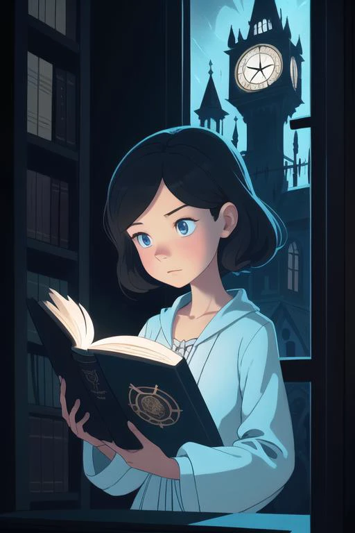 art by daniela uhlig, art by professor layton,
masterpiece, best quality, 1girl, opening a grimoire in front of a window at night, (dark image, magic book:1.0), <lora:microwaist:1.0>, side view, close up view, portrait, (glowing magic book:1.3), surprised, looking down, lofi girl, clock tower outside, magic wand