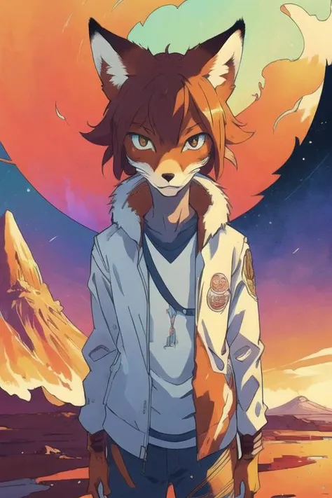 art by Makoto Shinkai, art by Moebius, art by Carne Griffiths
(high definition furry, anthropomorphic fox:1.2), pilot fox, crashed on planet, volcano, best quality,