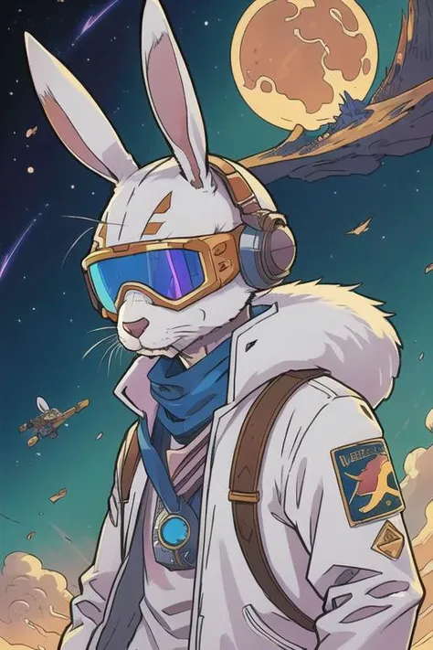 art by Moebius, art by Carne Griffiths,  art by league of legends
(high definition furry, anthropomorphic rabbit:1.2), pilot rabbit, crashed on planet, volcano, best quality,  bunny man, white fur, looking at viewer, ski goggles, facing viewer, head on, covered eyes