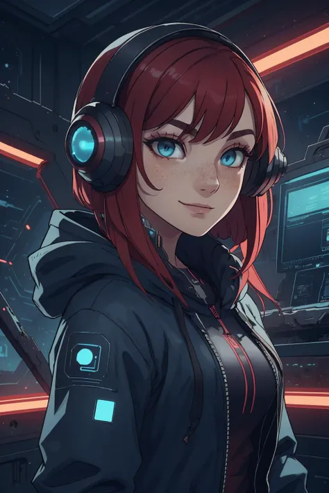 masterpiece, best quality, <lora:stylesqueeze_v2:0.5>,
1 girl, adult (elven:0.7) woman, freckles, aquamarine eyes, dark red drill hair,
looking at viewer, solo, (full body:0.6), detailed background, detailed face, (<lora:Unholy:0.5>, Sc3pt4, scifi theme:1.1) high-tech futuristic hacker, smirk, advanced technology, hoodie, techwear, wearable device, (holographic display:1.05), access granted, barcode, computer, hacker van in background, espionage, dark sinister atmosphere,