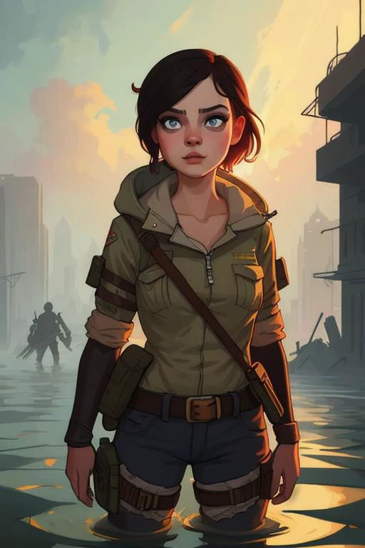 art by daniela uhlig, art by bob byerson, masterpiece, best quality, 1girl, in a flooded ruined city, survival gear, colorful, post apocalyptic