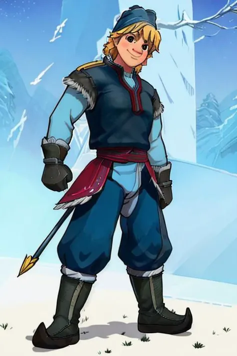 kristoff_bjorgman, muscular, solo, looking at viewer, smile, blonde hair, gloves, 1boy, hat, standing, full body, male focus, boots, hand on hip <lora:kristoff_bjorgman:0.65>