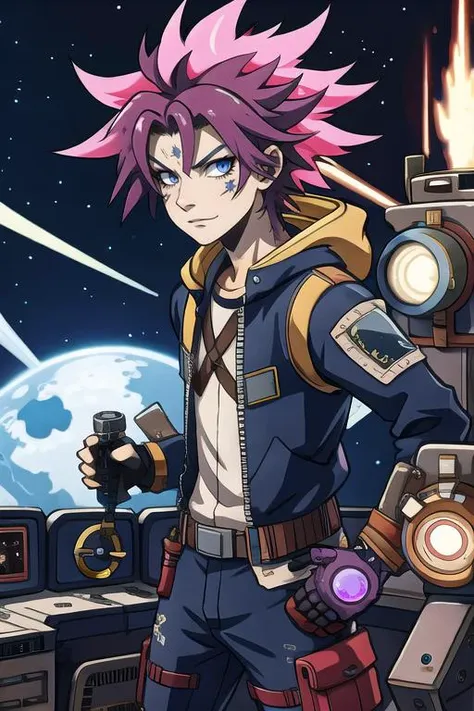 villain with crazy hair, (Clutter-Mechanical:0.3), still from anime, teen, (on a space station:0.7)