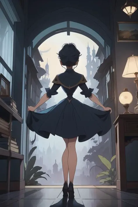 big eyes, art by greg rutkowski, art by alphonse mucha, AS-Youngv2,
masterpiece, best quality, 1girl, opening a magic book in front of a window at night, dark image, side view, from behind, blue grimoire, glowing book, magic book, <lora:microwaist:1.52>