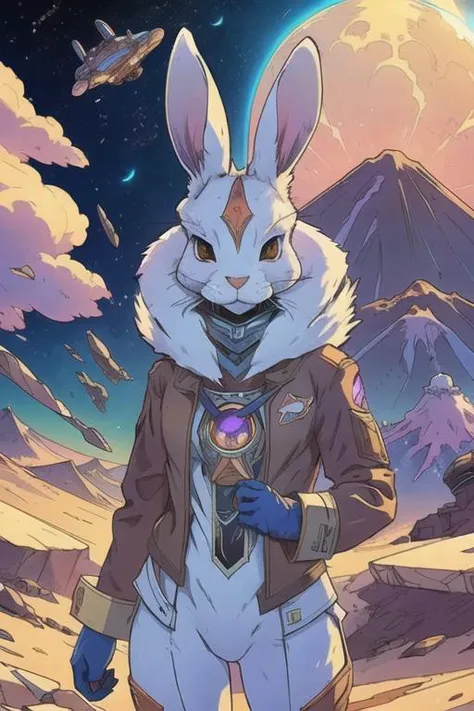 art by Moebius, art by Carne Griffiths, art by league of legends
(high definition furry, anthropomorphic rabbit:1.2), pilot rabbit, crashed on planet, volcano, best quality, bunny girl, white fur, looking at viewer, facing viewer, head on