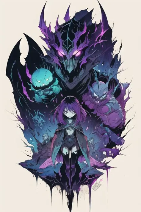 art by Moebius, art by Carne Griffiths, art by league of legends
eldrich monster, dark image, twisted, scary, cute