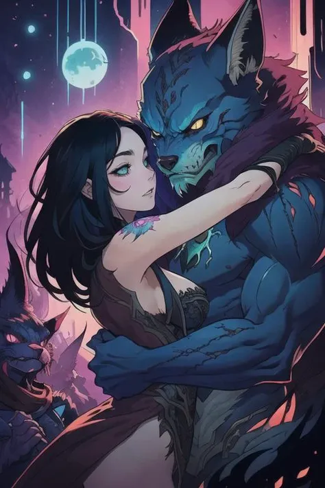 art by Moebius, art by Carne Griffiths,  art by league of legends
eldrich monster, dark image, twisted, furry monster hugging a cute vex