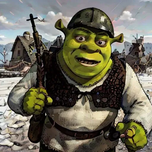 shrek with a gun, ww2 battle, (black and white), war, battle hardened, (propaganda poster), (3D), hyper realistic, 4k, historical photo, real life, military outlift, army helmet, (angry),