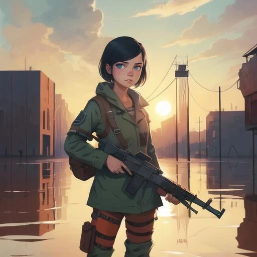 art by daniela uhlig, art by bob byerson,
masterpiece, best quality, 1girl, in a flooded ruined city, survival gear, colorful, post apocalyptic