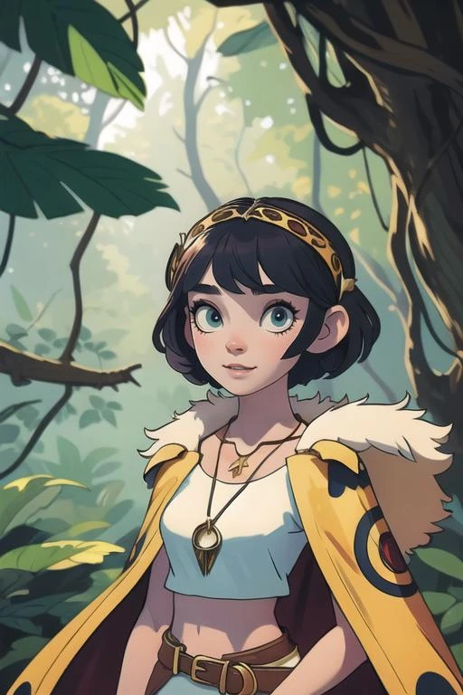 (masterpiece, best quality:1.0), art by bob byerson, art by daniela uhlig, 1girl, leopard print crop top, cape, (circlet:1.2), floating hair, forest, fur cape, looking at viewer, medium breasts, nature photography, god rays, necklace, outdoors, parted bangs, short hair, solo, tooth necklace, tree, upper body, white shirt <lora:3DMM_V7:0.7>, (leather straps:1.1), detailed background, jungle princess, (looking at viewer:1.4)