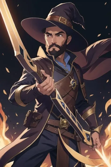art by sam yang, art by artgerm, art by league of legends
masterpiece, best quality, witch hunter, man with beard, crossbow flaming bolts