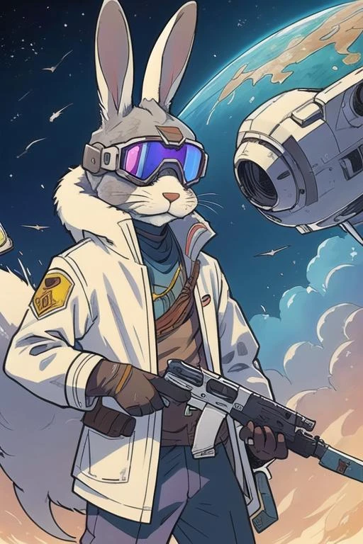 art by Moebius, art by Carne Griffiths, art by league of legends
(high definition furry, anthropomorphic rabbit:1.2), pilot rabbit, crashed on planet, volcano, best quality, bunny man, white fur, looking at viewer, ski goggles, facing viewer, head on, covered eyes, holding silver pistol