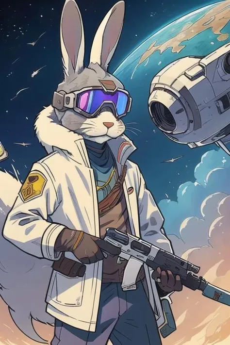 art by Moebius, art by Carne Griffiths,  art by league of legends
(high definition furry, anthropomorphic rabbit:1.2), pilot rabbit, crashed on planet, volcano, best quality,  bunny man, white fur, looking at viewer, ski goggles, facing viewer, head on, covered eyes, holding silver pistol