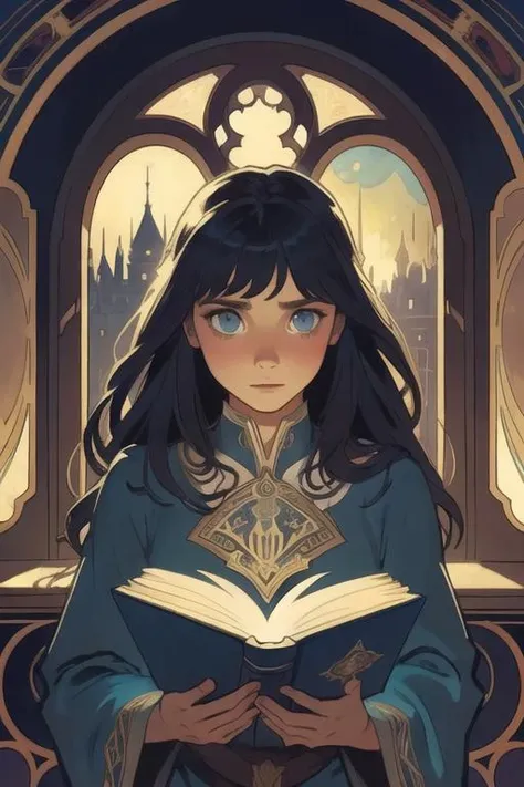 big eyes, art by greg rutkowski, art by alphonse mucha
masterpiece, best quality, 1girl, opening a magic book in front of a window at night, dark image