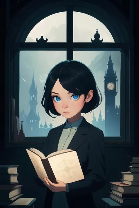 art by daniela uhlig, art by professor layton,
masterpiece, best quality, 1girl, opening a grimoire in front of a window at night, (dark image, magic book:1.1), <lora:microwaist:1.0>, side view, close up view, portrait, magic book, surprised, looking down, lofi girl, clock tower outside