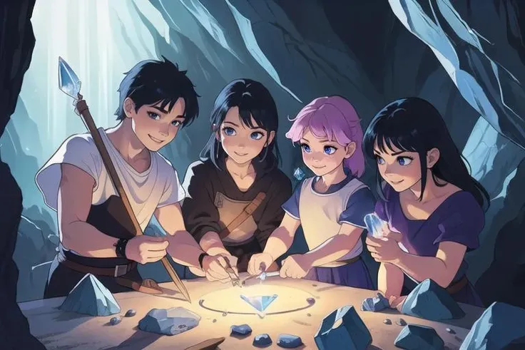 a rpg party investigating a beautiful floating magic crystal, close up, looking close at the camera, triumphant, background is a crystal cavern, masterpiece, best quality, god rays, archer, thief, art by wlop, highly detailed clothing, legendary weapons, warrior, mage, thief, still from anime, (AS-YoungestV2:1.2)