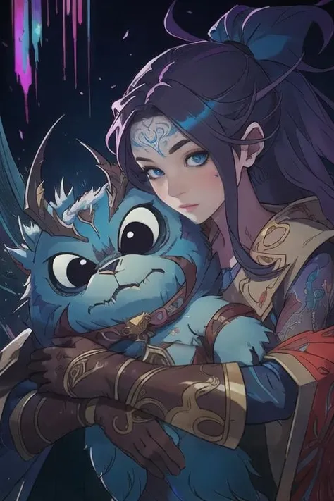 art by Moebius, art by Carne Griffiths, art by league of legends
beautiful leather gloves, inlaid gold, flat shading, best quality, masterpiece, pretty girl, folded hands
hugging a cute furry blue monster