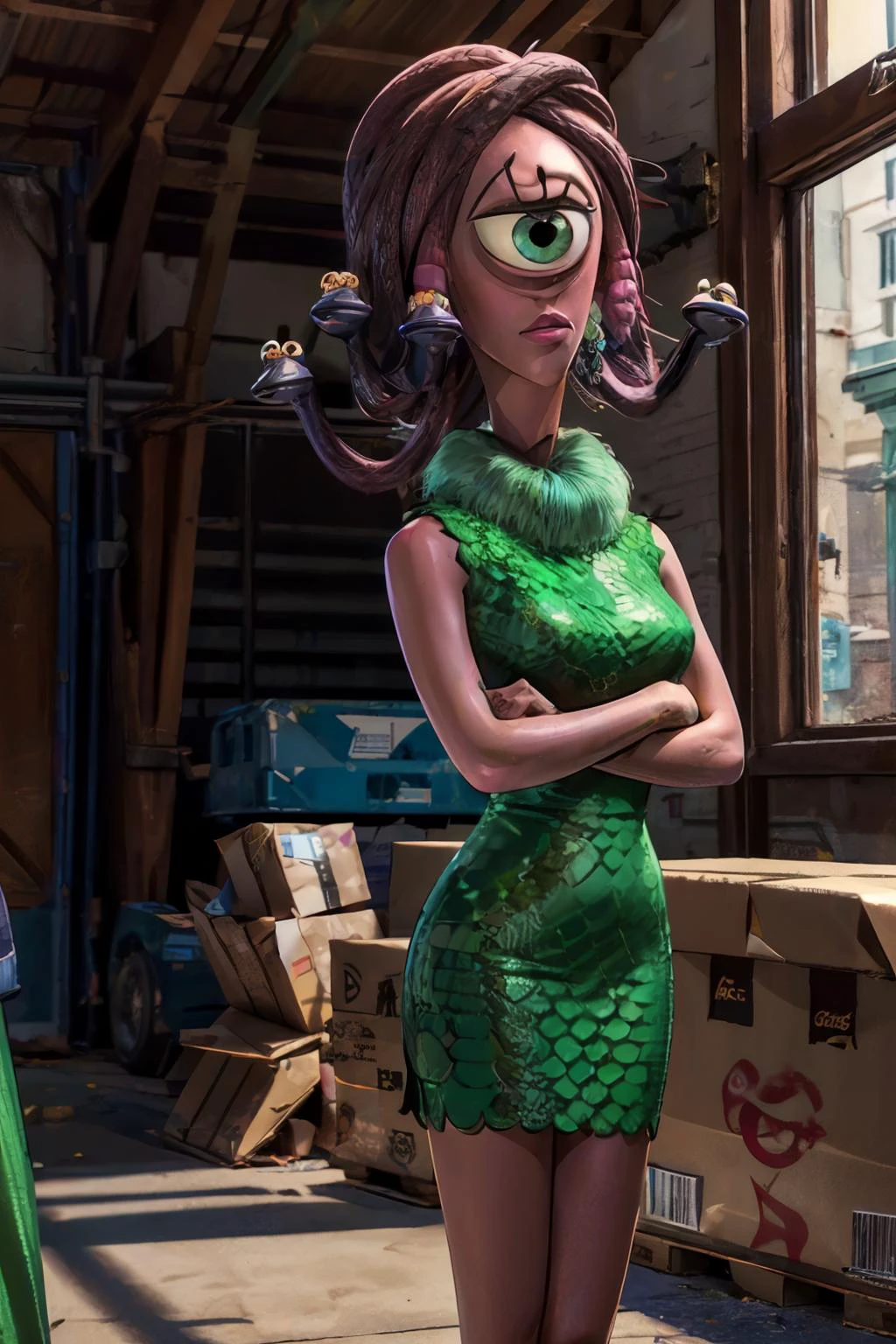 Celia, snake hair, hair beads, pink skin, cyclops, one-eyed, green eye, eyelashes,green dress, looking at viewer, serous, angry, standing, arms crossed, inside, warehouse, doors, high quality, masterpiece, <lora:CeliaMae:.8>