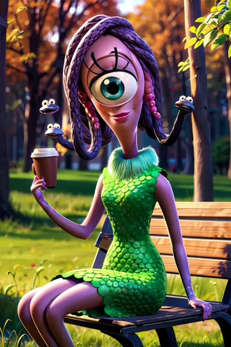 Celia, snake hair, hair beads, pink skin, cyclops, one-eyed, green eye,eyelashes,green dress, looking at viewer, smiling, happy, sitting, on bench, holding a coffee cup, outside, field, grass, trees, autumn, blue sky, high quality, masterpiece, <lora:CeliaMae:.8>