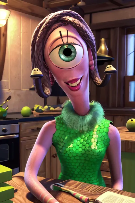3d, Celia, snake hair, hair beads, pink skin, cyclops, one-eyed, green eye, eyelashes,green dress, looking at viewer, smiling, happy, teeth, sitting, behind a table, inside a cozy kitchen, bowl full of eyeballs, glass full of green slime, high quality, masterpiece, <lora:CeliaMae:.9>