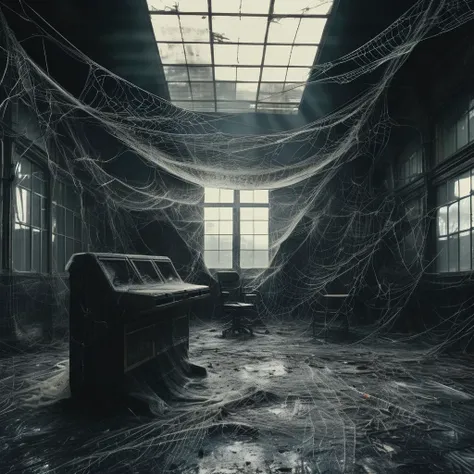 spiderweb  abandoned robot factory, robots and machines in the background, dark atmosphere entwined with cobwebs, cinematic, photorealistic very detailed, professional photo <lora:spiderweb:1>