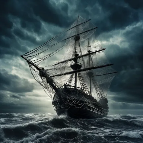 spiderweb pirate ship, ghost entwined with cobwebs, rough dark waves cloudy sky dark sky, cinematic, photorealistic very detailed, professional photo <lora:spiderweb:1>