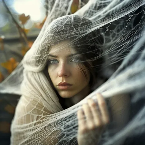 spiderweb a young woman wrapped in a cocoon, hanging in a spider's web, cinematic, photorealistic very detailed, professional photo <lora:spiderweb:1>
