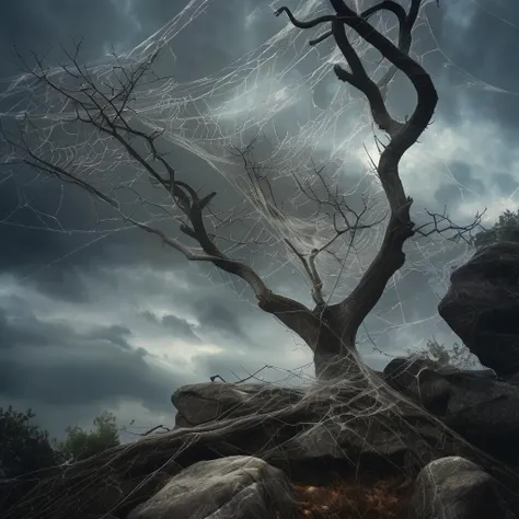 spiderweb old crooked tree on a rock entwined with cobwebs, cloudy sky, dark sinister atmosphere, cinematic, photorealistic very detailed, professional photo <lora:spiderweb:1>