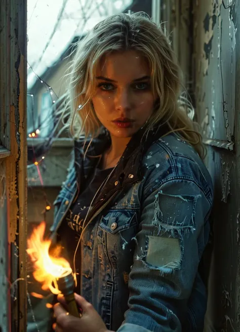 photograph spiderweb, realistic, 1girl, denim, blonde hair, blue eyes, serious face, dirty face, dirty jacket, dirty clothes, detailed eyes, (holding a torchlight:1.3), ( fire light reflection on her face:1.3), walking over an abandoned house, torchlights, dark environments,( spiderwebs all over the place:1.2)
(fflixdcenv, scenery, original, photoshop (medium), window, hallway, indoors, realistic, 3d, cable)
<lora:FILM_PHOTOGRAPHY_STYLE:0.25>
<lora:fflixdcenv-000013:0.7>
<lora:spiderweb:1>
<lora:dark-cinematics:0.6>, 50mm . cinematic 4k epic detailed 4k epic detailed photograph shot on kodak detailed cinematic hbo dark moody, 35mm photo, grainy, vignette, vintage, Kodachrome, Lomography, stained, highly detailed, found footage
