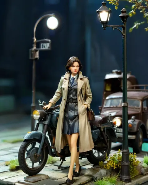 resin material style,female detective in trench coat,English street at night,street lamp,old motorcycle,