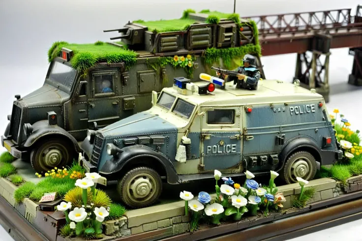 resin material style,old armored car,police,bridge,grass,flowers,