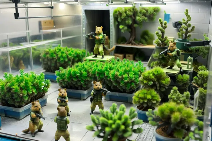 resin material style,indoor warehouse,preparation room,A number of quokka fighters who are preparing for the attack,green and blue plants style room,extremely delicate details,