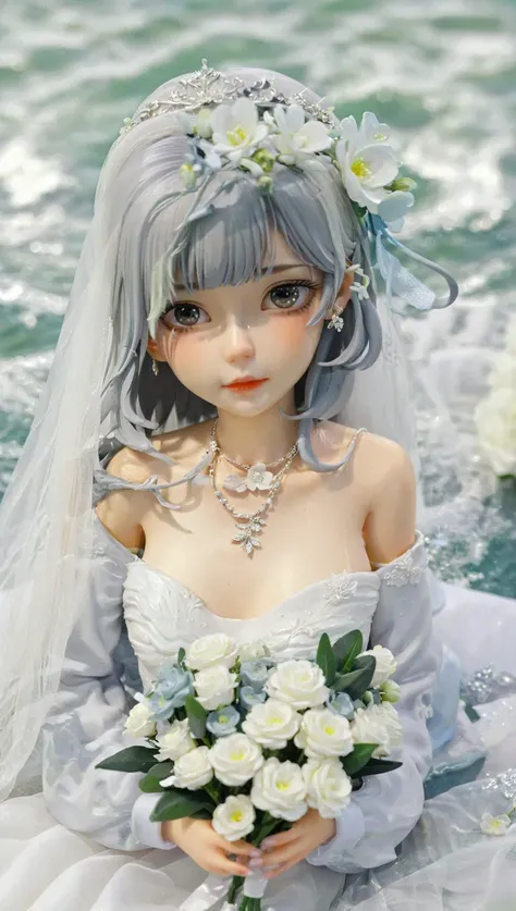 Resin material style,female character,wedding_dress,gray hair,open shoulder,holding white flowers in hand,necklace,flower sea background,