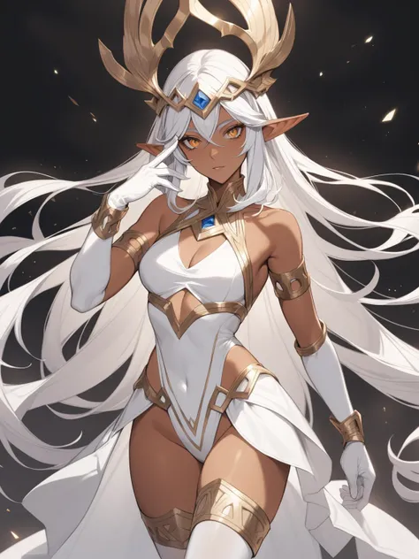 a woman elf with long white hair and golden eyes, tanned skin, long white gloves, white thighhighs, arm bangle, headpiece