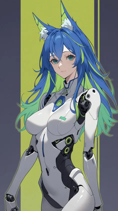 score_9, score_8_up, source_anime, anime style, (thick lineart:1.3), two tone hair, long green layered hair, tall , mature female, fox ears, pale skin, long eyelashes, detailed blue iris, [( long eyelashes:1.5):long eyelashes:0.4], [:glowing outline:0.4], sidelocks, robot, robotic joints, (slim transparent clothing:1.3), glossy